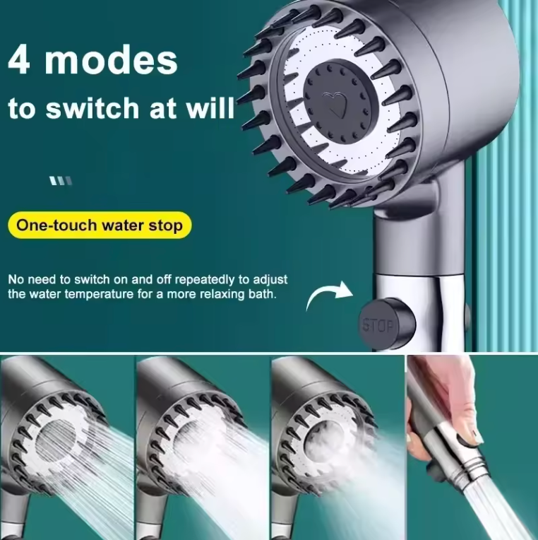High Pressure Shower Head: 4 Modes with Filter & One-Key Stop